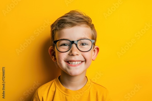 Cheerful young boy wearing glasses and beaming with happiness