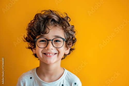 Cheerful young boy wearing glasses and beaming with happiness