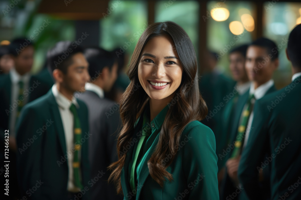 Woman in Green Suit Standing in Front of Group Woman in Green Suit Standing in Front of Group