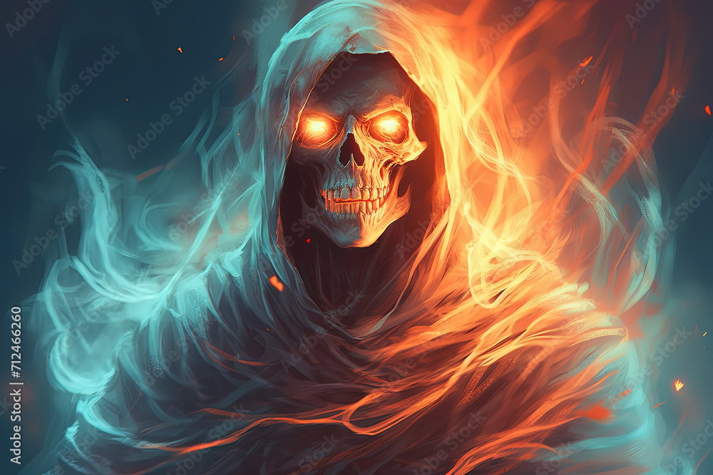 Daemon. Skeleton ghost in a cloak. Devil's fire. Generative AI Daemon. Skeleton ghost in a cloak. Devil's fire. Generative AI