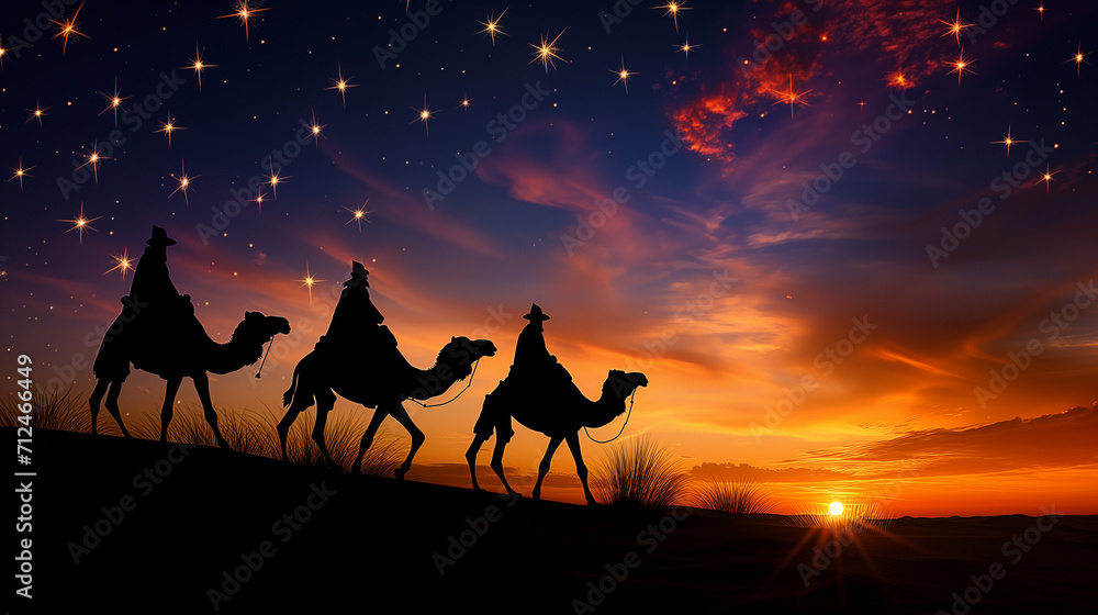Camels in the desert, Silhouette of a horse and rider, Wolf howling at sunset, Silhouette of Three wise men riding a camel along the star path, Ai generated image