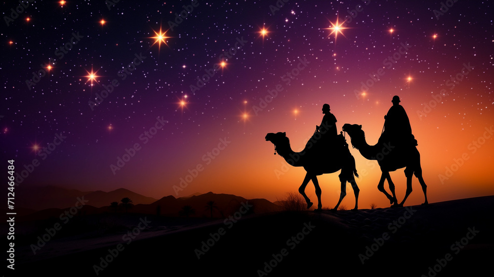 Silhouette of a horse and rider, Wolf howling at sunset, Silhouette of Three wise men riding a camel along the star path, Ai generated image Silhouette of a horse and rider, Wolf howling at sunset, Silhouette of Three wise men riding a camel along the star path, Ai generated image
