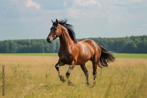 Highlight the movement and beauty of a galloping horse running freely
