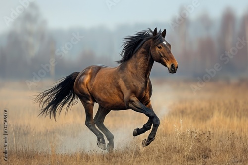 Highlight the movement and beauty of a galloping horse running freely
