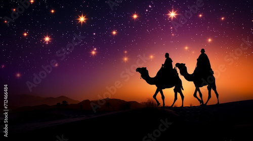 Silhouette of a horse and rider  Wolf howling at sunset  Silhouette of Three wise men riding a camel along the star path  Ai generated image