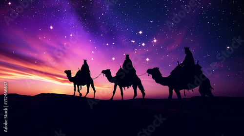 Wolf howling at sunset  Silhouette of Three wise men riding a camel along the star path  Ai generated image