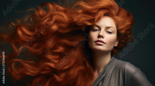 Beauty portrait of red-haired beautiful woman on studio background With copy space. Art hairstyle.