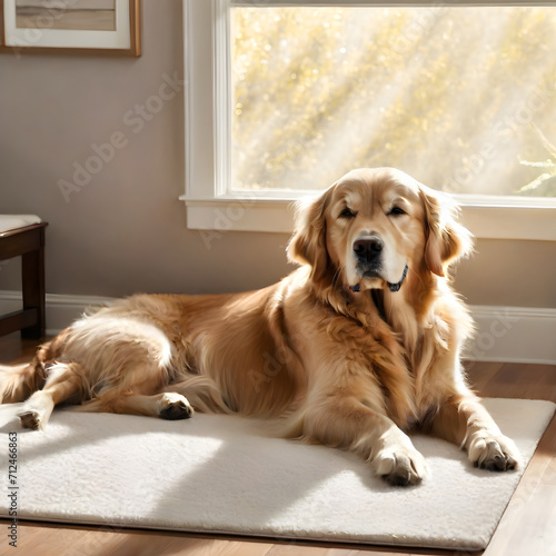 a golden retriever peacefully napping on a plush rug, bathed in the soft glow of sunlight streaming. ai generative