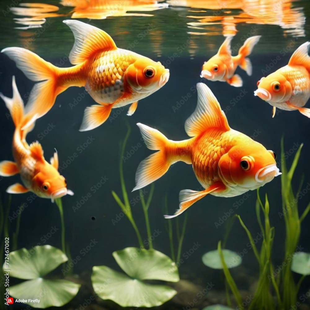 graceful goldfish swimming in a sunlit pond, their scales glinting in the natural light. ai generative graceful goldfish swimming in a sunlit pond, their scales glinting in the natural light. ai generative