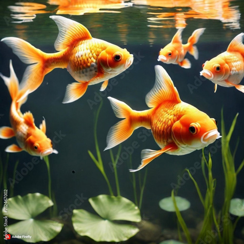 graceful goldfish swimming in a sunlit pond, their scales glinting in the natural light. ai generative