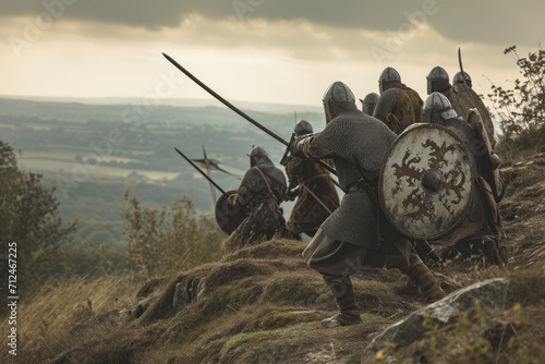 Norman Victory: An Iconic Scene from the Battle of Hastings - William the Conqueror's Invasion of England. Norman Knights Charge Uphill, Securing Victory against Anglo-Saxon Defenders in the Overcast  photo
