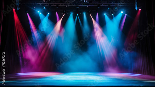 Spotlight, Theater stage light background with spotlight illuminated the stage for opera performance. Stage lighting. Empty stage with bright colors backdrop decoration, Ai generated image