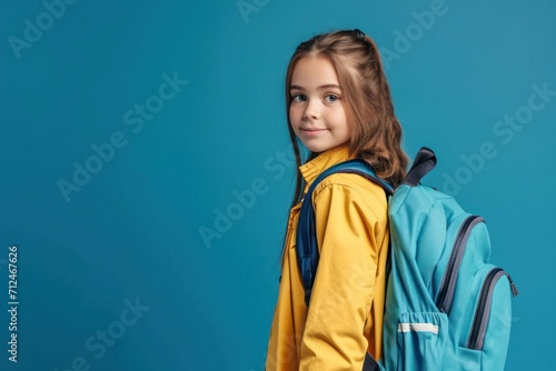 Schoolgirl with backpack isolated on solid color studio background © Muh