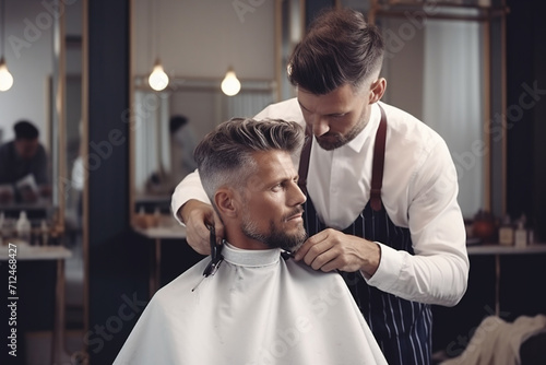 Handsome hipster man client visiting hairdresser and hairstylist in barber shop 