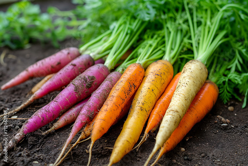 Fresh rainbow carrots picked from the ground garden.