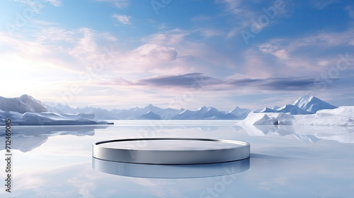Product presentation podium with a stone plinth in the middle Ground ice and views of the snow mountains.  © PT