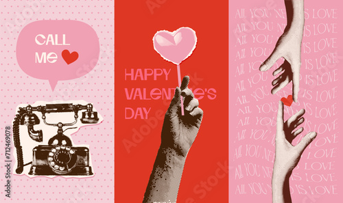 Vintage set of Valentine's day greeting cards or stories covers with Halftone hands and retro telephone. Contemporary Valentine Creative Collage with romantic quotes. Vector mixed media illustration
