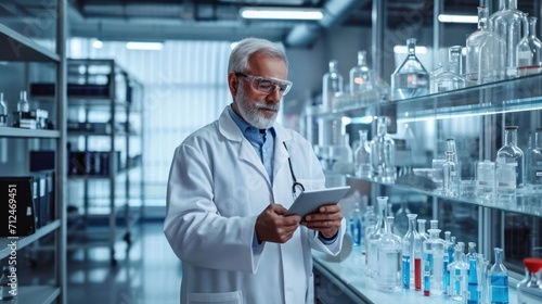Research Scientist in Lab Coat Holds Tablet for Laboratory Research Generative AI
