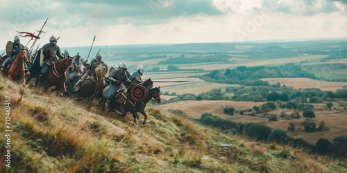 Norman Victory: An Iconic Scene from the Battle of Hastings - William the Conqueror's Invasion of England. Norman Knights Charge Uphill, Securing Victory against Anglo-Saxon Defenders in the Overcast  photo