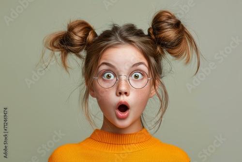 Photo of astonished little girl with funny ponytails floating in the air, she is surprised, her mouth open, banner with empty space, discount, sale, isolated monochrome background