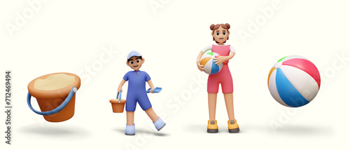 Templates for concept of children rest on beach. Boy and girl, bucket of sand, inflatable ball. Fun summer leisure time outdoors. Family vacation with children. Summer children camp