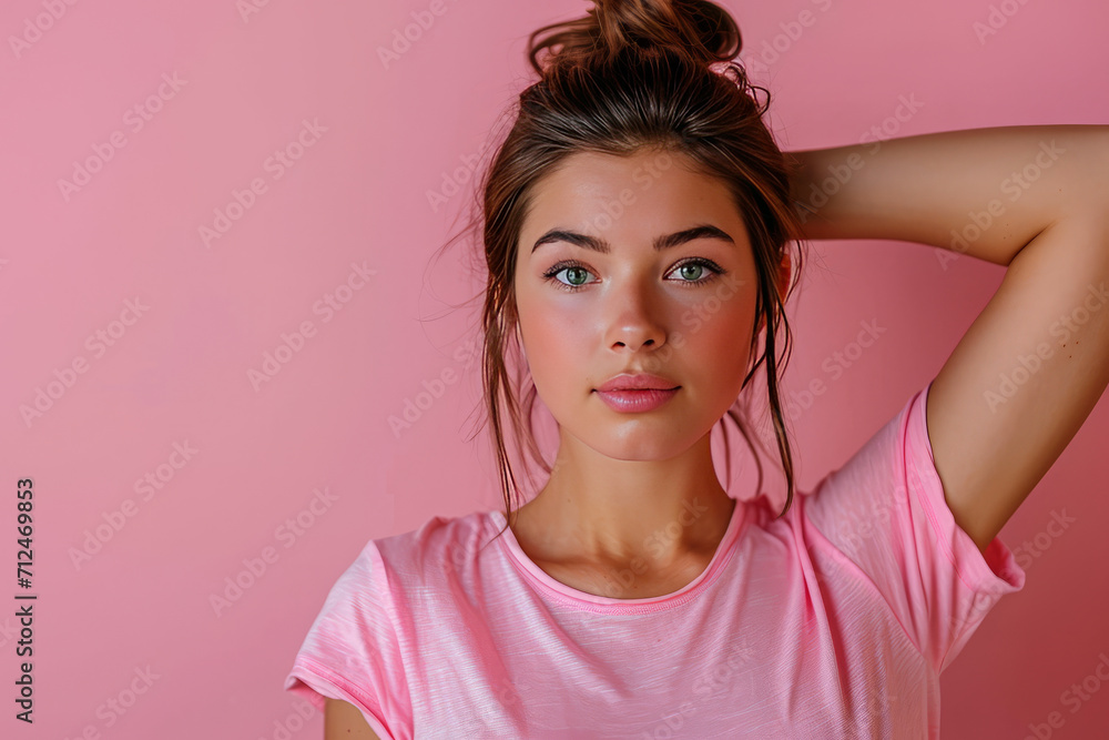 young woman wearing pink t-shirt, pink background. young woman wearing pink t-shirt, pink background.