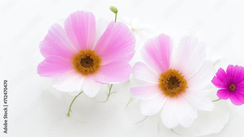 Beautiful Cosmos flowers on white surface