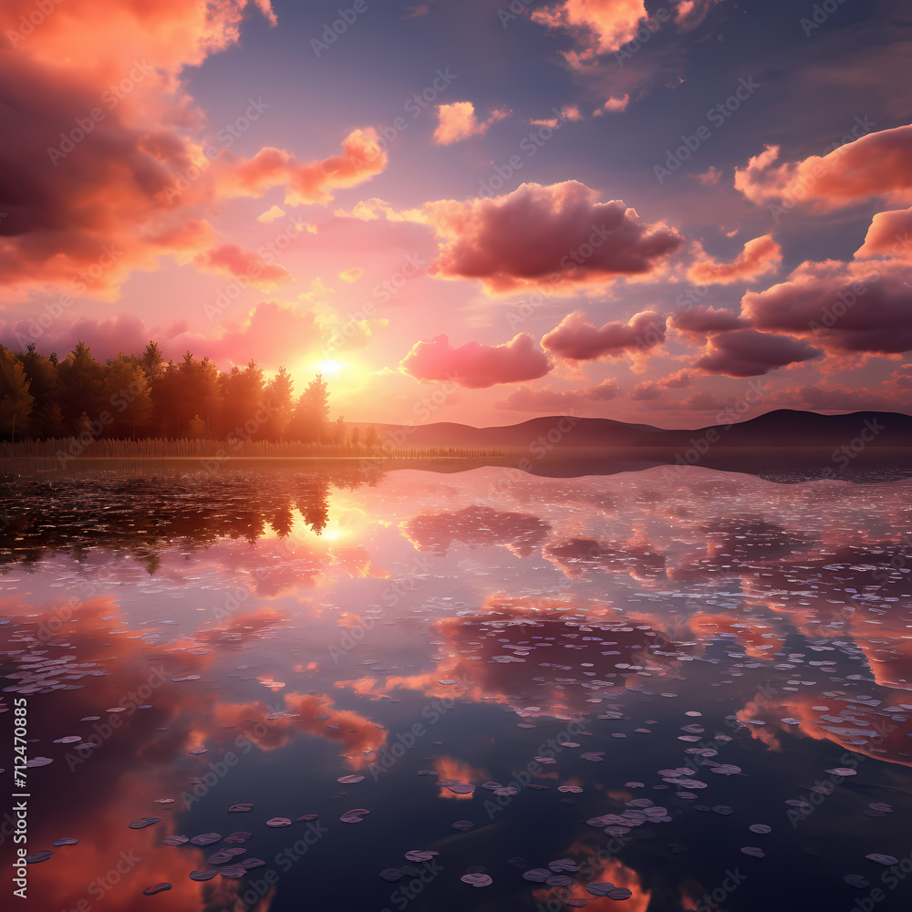 A dreamy sunset over a calm lake with reflections