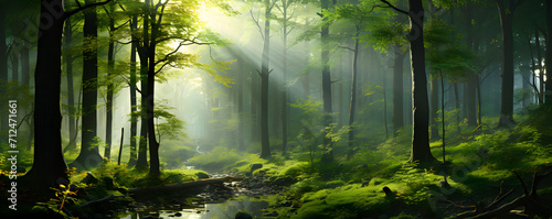 Forest landscape with sun rays shining through trees leaves