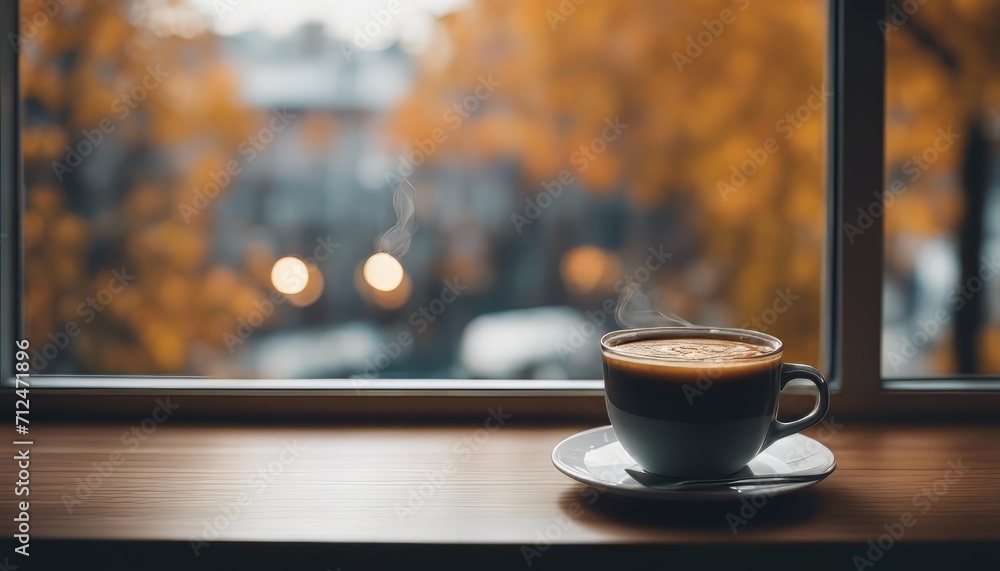Fototapeta premium Cup of hot autumn coffee or tea on the window. Living in Hygge style. Hot drink in cold autumn