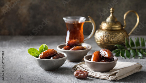 Dates in bowls, a glass of tea, and an ornate teapot, symbolizing Iftar during Ramadan. Exudes warmth and tradition.