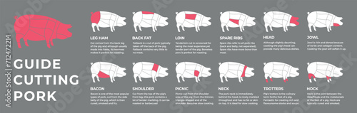 Guide cutting meat carcass pork, lamb, cow, chicken, turkey. Butcher guide. Diagrams сutting parts meat carcass domestic farm poultry and farm livestock. Vector flat color illustration isolated.