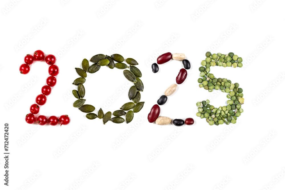 Happy New Year 2025 number made of fruits and vegetable on white Happy New Year 2025 number made of fruits and vegetable on white
