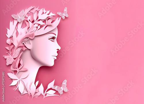 Paper style illustration of a woman's face with flowers and leaves on pink background, International © Dinara