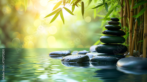 Harmonious  zen  yoga background with balance of stones  bamboo foliage and calm water and sunlight. Mental health and yoga and relaxation concept. copy space.