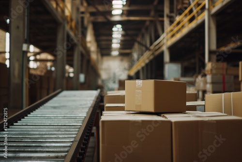 Warehouse Logistics: Cardboard Parcels on Conveyor Belt.  © Peeradontax