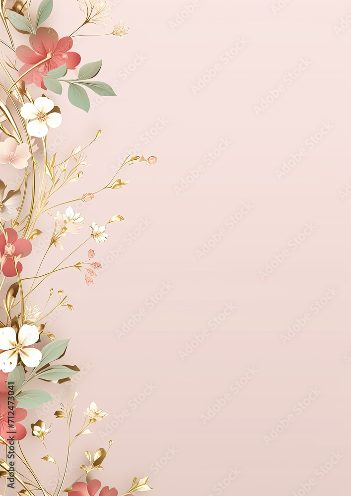 Naklejka premium Floral border pattern on pink background in the style of soft focus romanticism , light green and light gold.