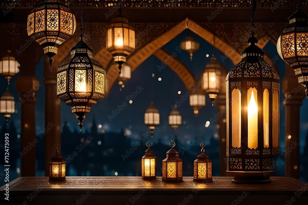 Eid decorative traditional lamps illuminated and ready for the Holy season of Ramadan generated by AI
