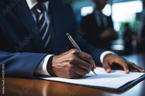 Close-up of a businessman's hand signing a contract with a luxury pen, representing professional commitment and agreement. Generative ai 