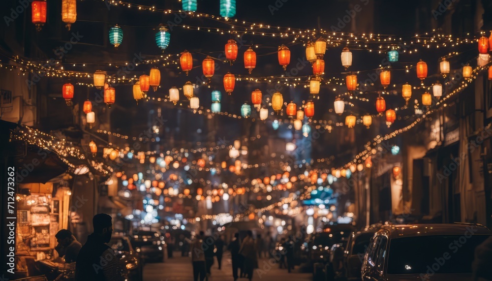 Describe the beauty of a cityscape adorned with Ramadan decorations, including colorful lights