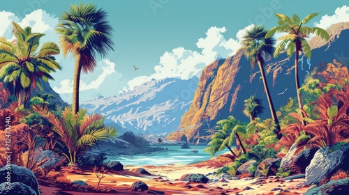 Prehistoric Landscape Background with Plants in the Style 50s Encyclopedia Vintage Illustration created with Generative AI Technology