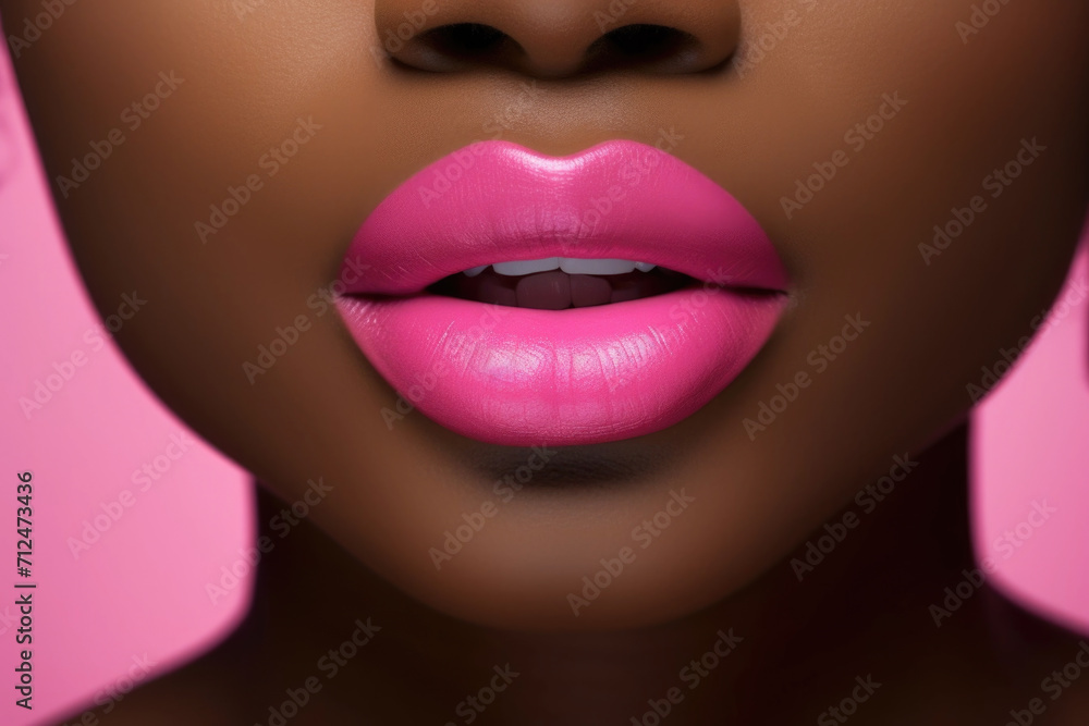 Close up view of beautiful black woman lips with bright pink lipstick. Cosmetology, drugstore or fashion makeup concept. Close up view of beautiful black woman lips with bright pink lipstick. Cosmetology, drugstore or fashion makeup concept.