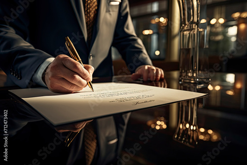 Close-up of a businessman's hand signing a contract with a luxury pen, representing professional commitment and agreement.generative ai 