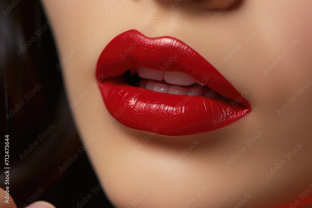 Close up view of beautiful woman lips with red lipstick. Cosmetology, drugstore or fashion makeup concept. Close up view of beautiful woman lips with red lipstick. Cosmetology, drugstore or fashion makeup concept.