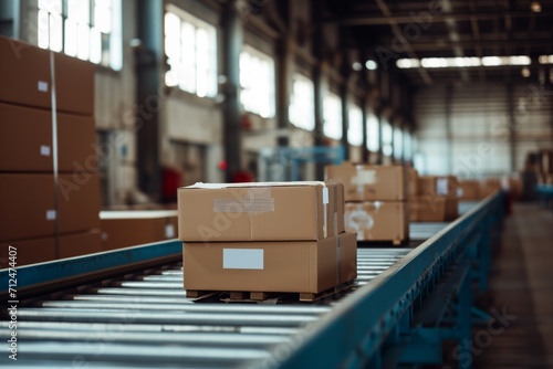Warehouse Logistics: Cardboard Parcels on Conveyor Belt. 
