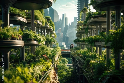 Illustration of a utopian future cityscape blending high-tech architecture with abundant green spaces, elevated roads, and eco-friendly urban planning. Generative ai
 photo