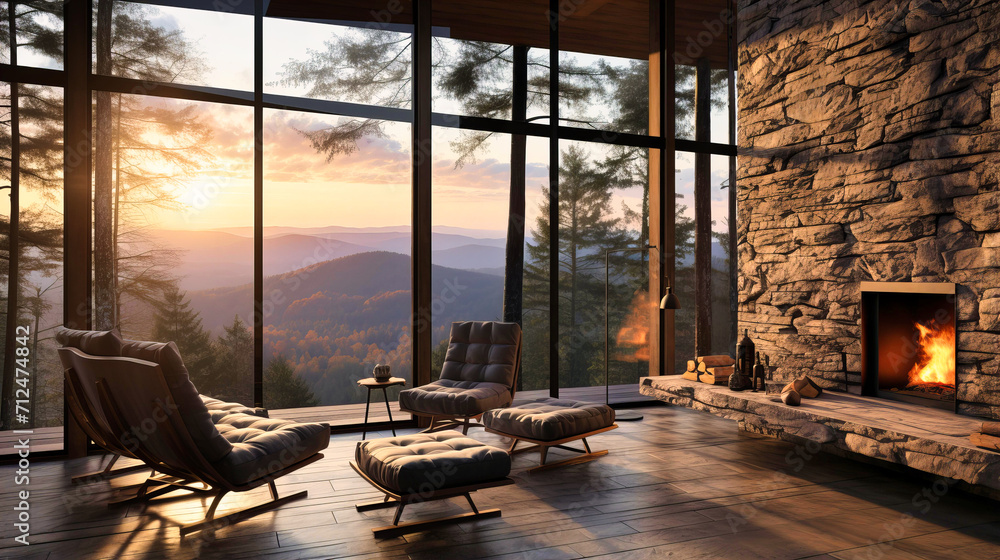 Panoramic Forest Retreat: Luxury Vacation Home with Stunning Mountain Views, Cozy Interior, and Relaxing Terrace