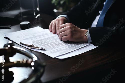 Injury, compensation and man hands with insurance documents, legal contract and paperwork. Disability, accident and people in lawyer or attorney meeting for advice, agreement or policy report closeup  © Ahmed