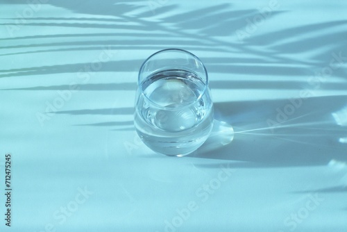 A glass of clean, clear water with shadows of tropical leaves in the morning sunlight.