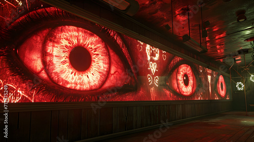 In the dimly lit room, the vibrant red eyes of the intricate art installation on the large screen captured the attention of all those who entered, creating an otherworldly atmosphere of mystery and f photo
